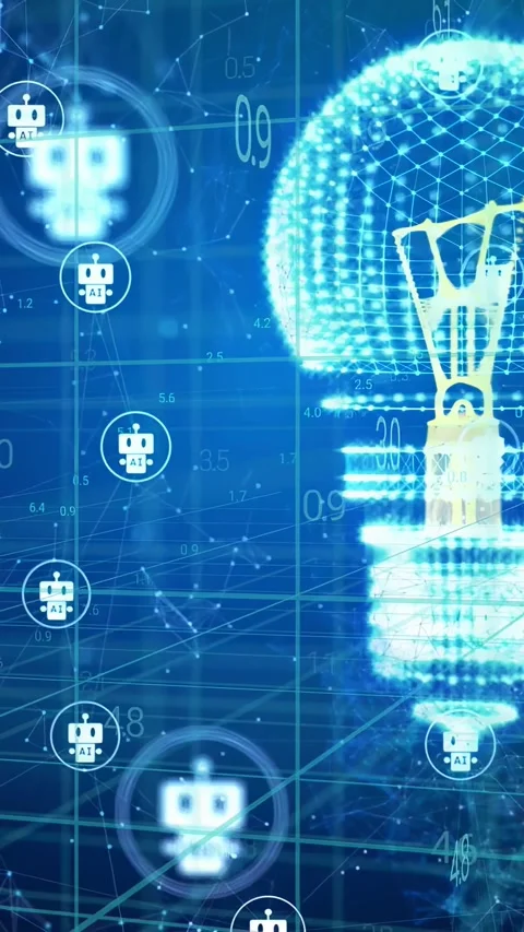 Vertical video: Camera panning, bulb hologram glowing, AI badges moving on data Stock Footage 332846358