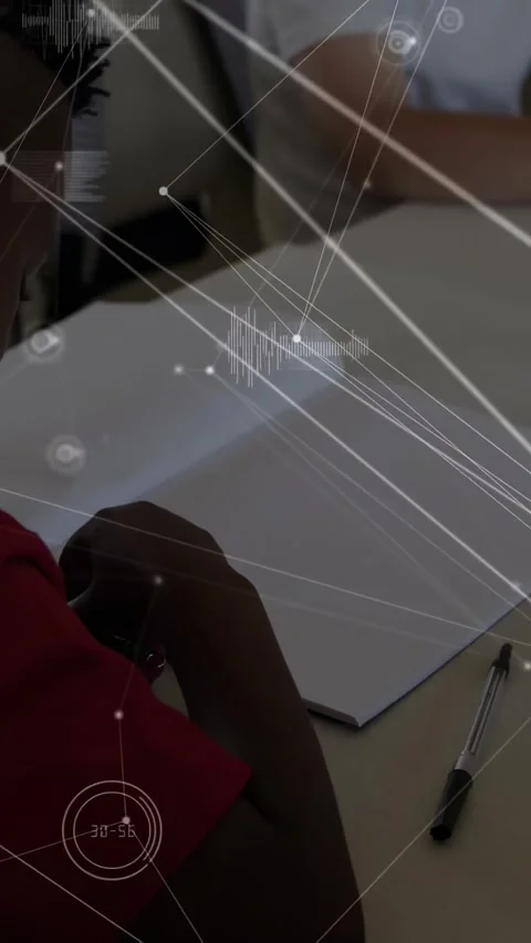 Vertical video: Camera panning, child in red adjusting pencil and drawing, HUD Stock Footage 334546914