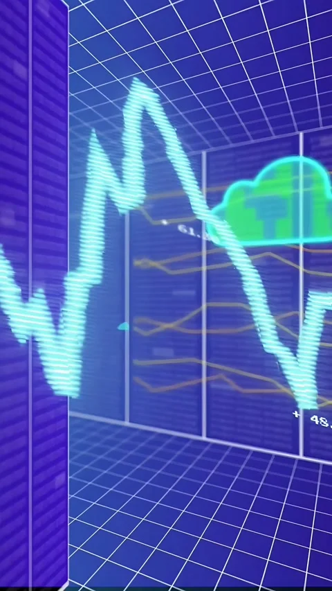 Vertical video: Camera panning cyan waveform rising values adding cloud icons Stock Footage 334378388