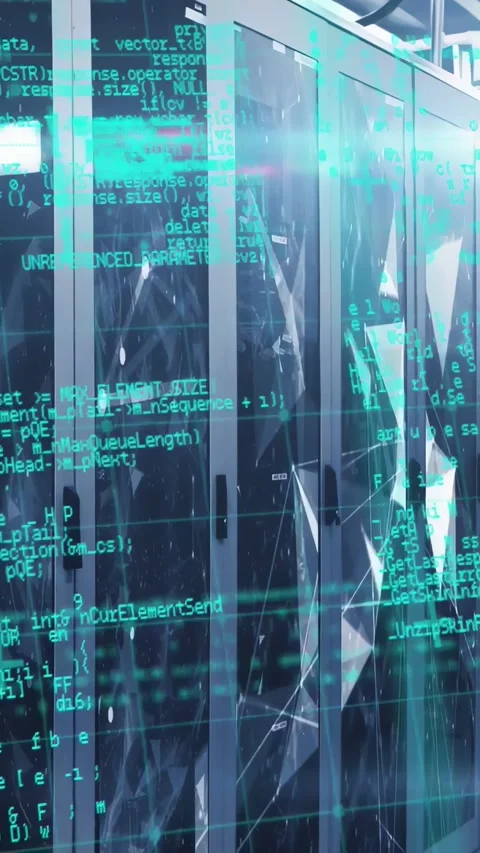 Vertical video: Camera panning data racks, causing teal code and mesh overlays Stock Footage 332334905
