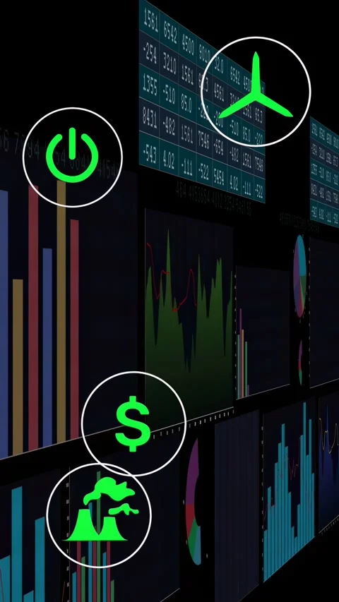 Vertical video: Camera panning data wall, green icons floating, marking bar line Stock Footage 332775377