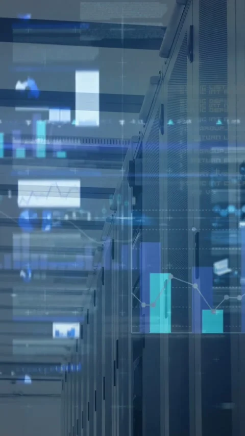 Vertical video: Camera panning down data center aisle, racks receiving HUD Stock Footage 332846214