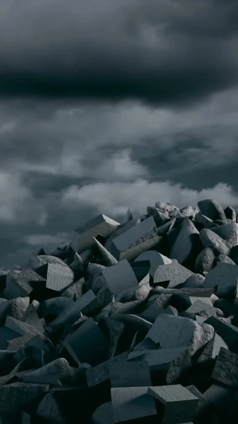 Vertical video: Camera panning down, rubble pile rising as clouds flashing Video stock 348566421
