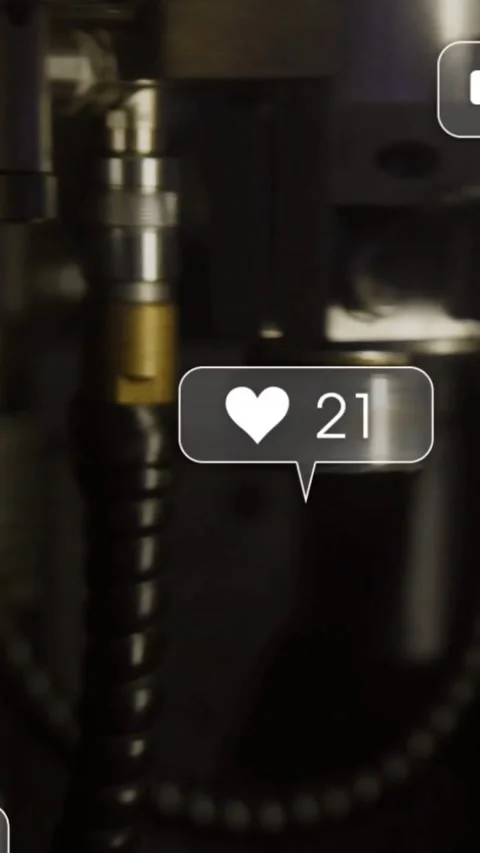 Vertical video: Camera panning factory metal assembly, social hearts growing and Stock Footage 331215816