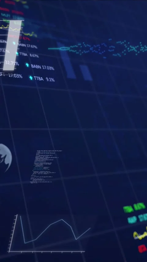 Vertical video: Camera panning, finance HUD opening ticks, lines and globe Stock Footage 333005852