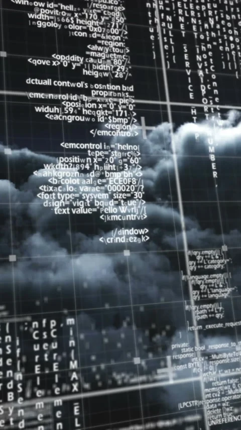 Vertical video: Camera panning initiating 3D cloud drifting and code streams Stock Footage 348383511