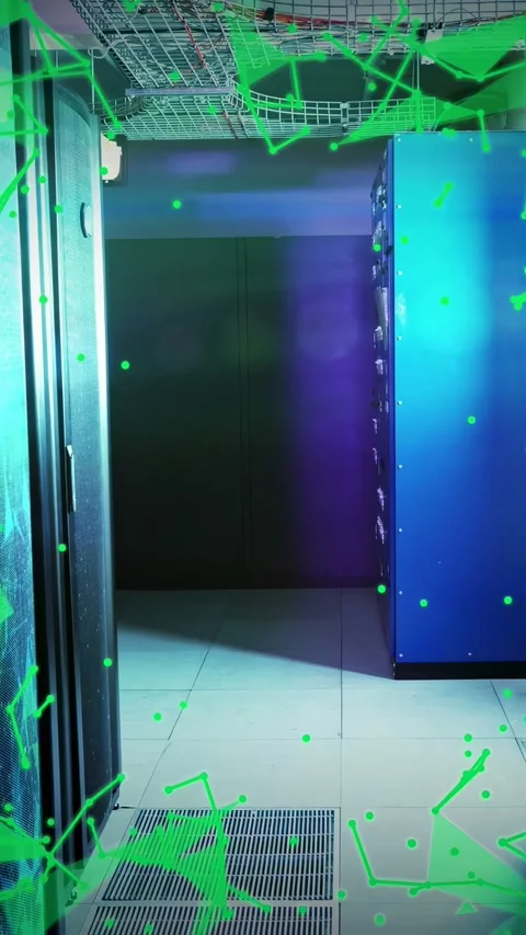 Vertical video: Camera panning IT room sparking green nodes over blue rack Stock Footage 332845616