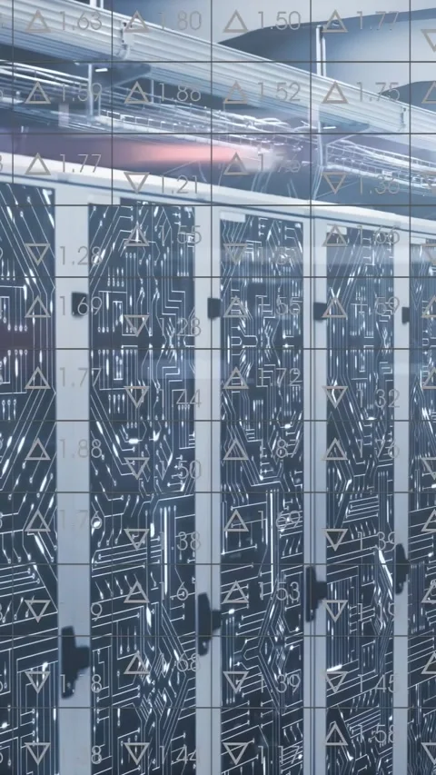 Vertical video: Camera panning in IT aisle revealing circuit racks with data Stock Footage 334547027