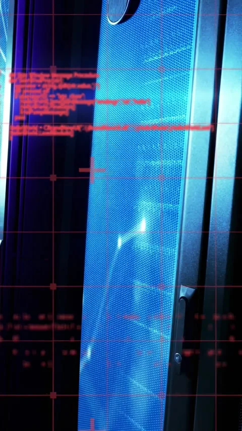 Vertical video: Camera panning LED panel showing bezel, blue light, red code Stock Footage 334547176
