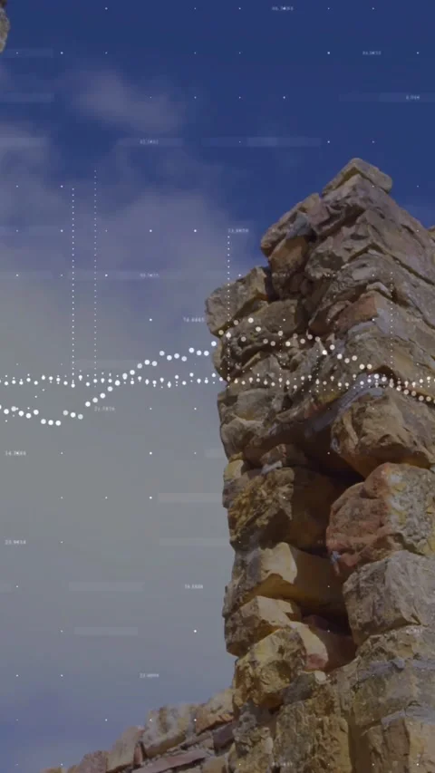 Vertical video: Camera panning left showing ruined columns waveform pulsing bars Stock Footage 332317397