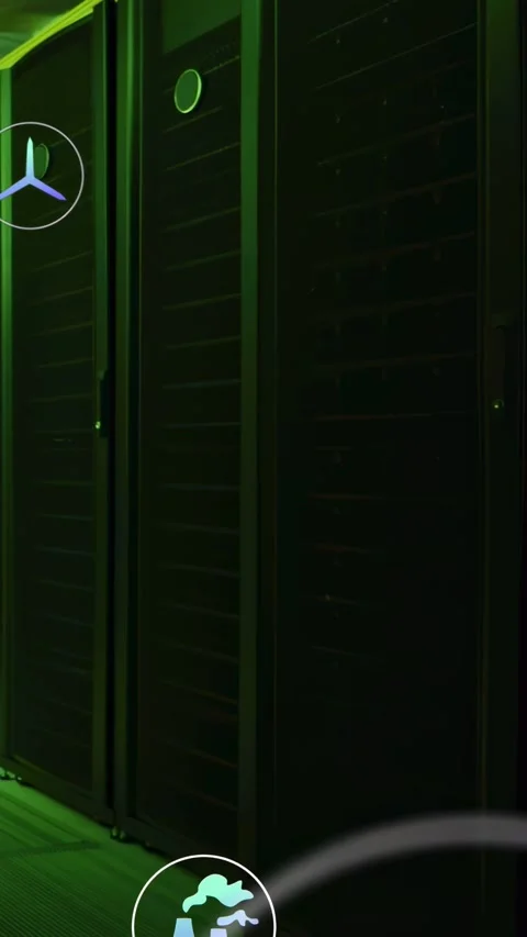 Vertical video: Camera panning left, racks revealing aisle, code and UI icons Stock Footage 332747867