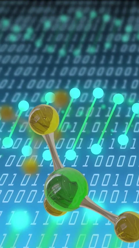 Vertical video: Camera panning, molecule rotating, nodes pulsing, binary, Stock Footage 334792804