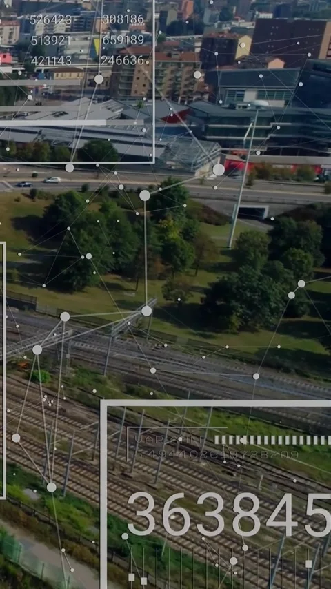 Vertical video: Camera panning over rails park AR nodes and frames moving Stock Footage 329841324