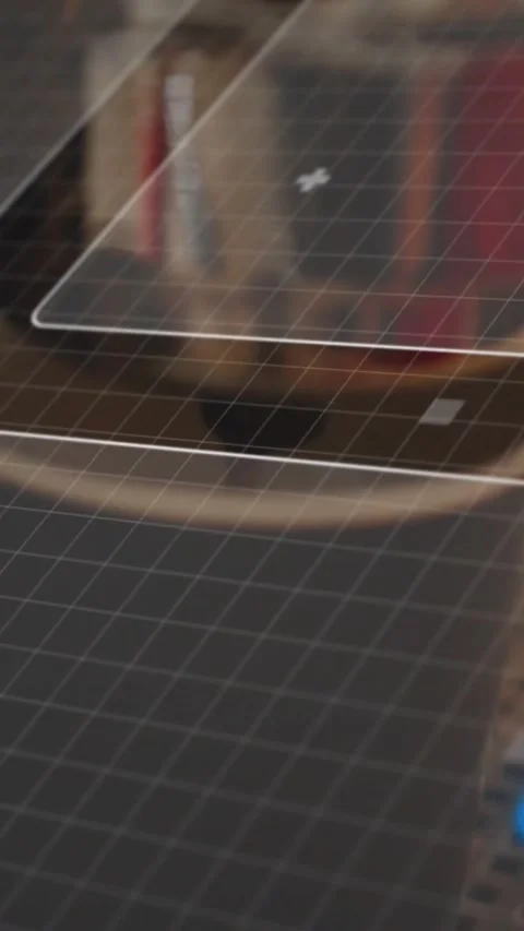 Vertical video: Camera panning over grid in tech demo, UI holding plus markers, Stock Footage 330966004