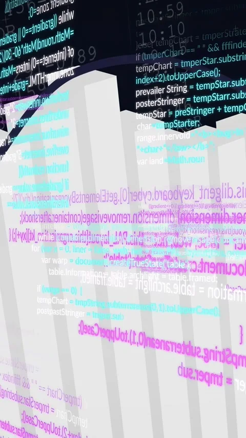 Vertical video: Camera panning over white bars while code overlays tracing Stock Footage 332823211