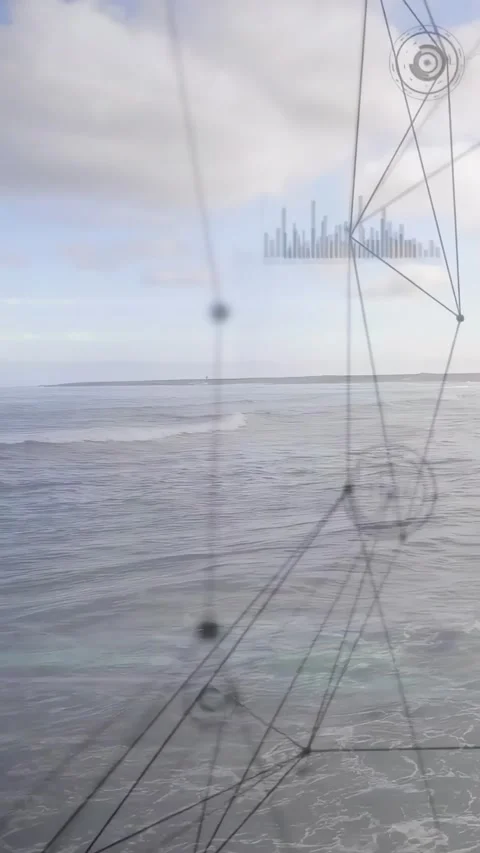 Vertical video: Camera panning over sea, HUD overlay shifting nodes and bars for Stock Footage 334546806