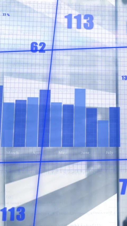 Vertical video: Camera panning past finance panel showing blue bars, grid, Stock Footage 331790481