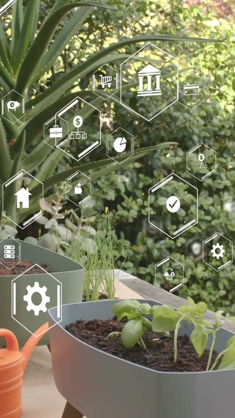 Vertical video: Camera panning, planter and seedlings moving, AR hex icons Stock Footage 332845998