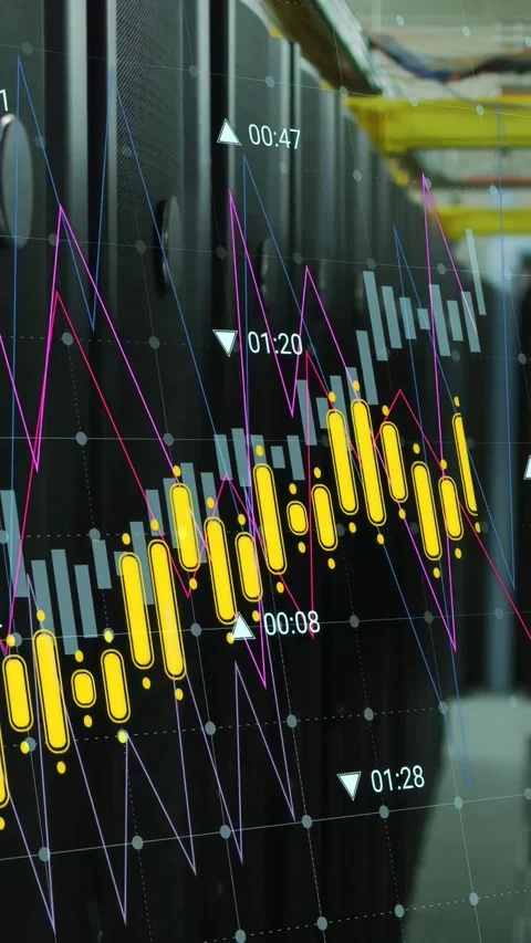 Vertical video: Camera panning racks in data center, animated candles and Video stock 332846272