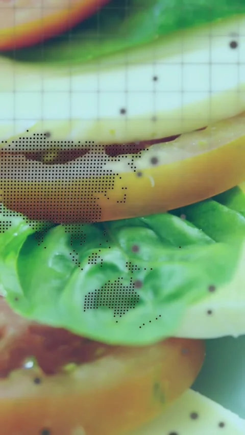 Vertical video: Camera panning revealing tomato lettuce stack, halftone Stock Footage 328398718