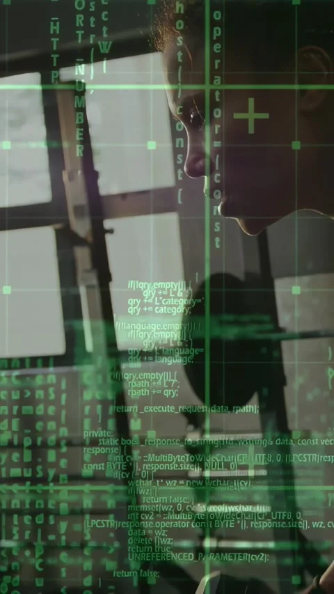 Vertical video: Camera panning revealing woman in gym, green code overlay Stock Footage 331166738