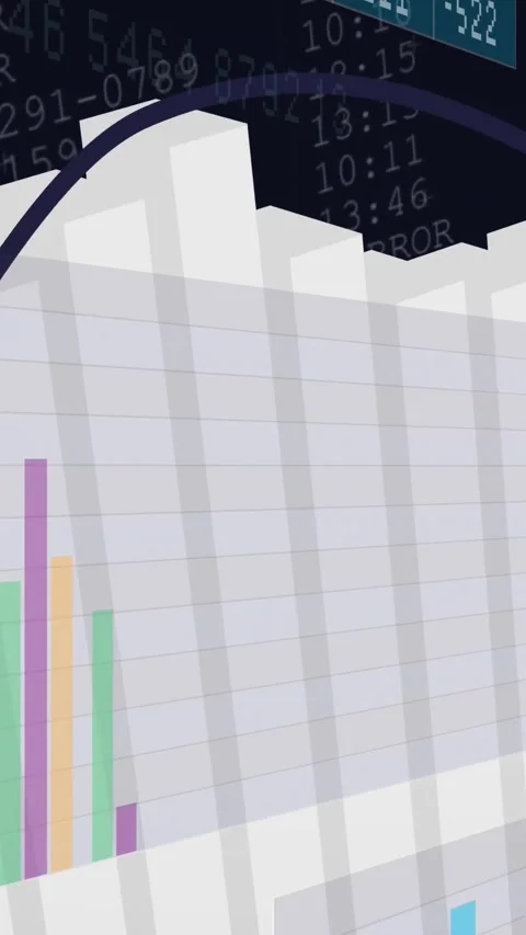 Vertical video: Camera panning revealing 3D market data purple line arcing green Stock Footage 331739223