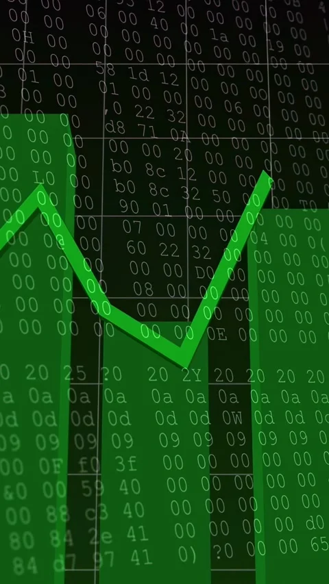 Vertical video: Camera panning revealing green bars while line tracing peaks hex Stock Footage 332775595