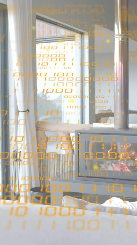 Vertical video: Camera panning, revealing stove fire flickering under binary Stock Footage 332806656