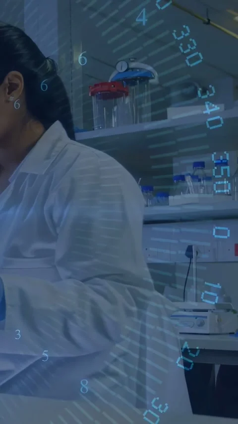 Vertical video: Camera panning revealing lab tech pipetting tubes, overlay Stock Footage 334546787