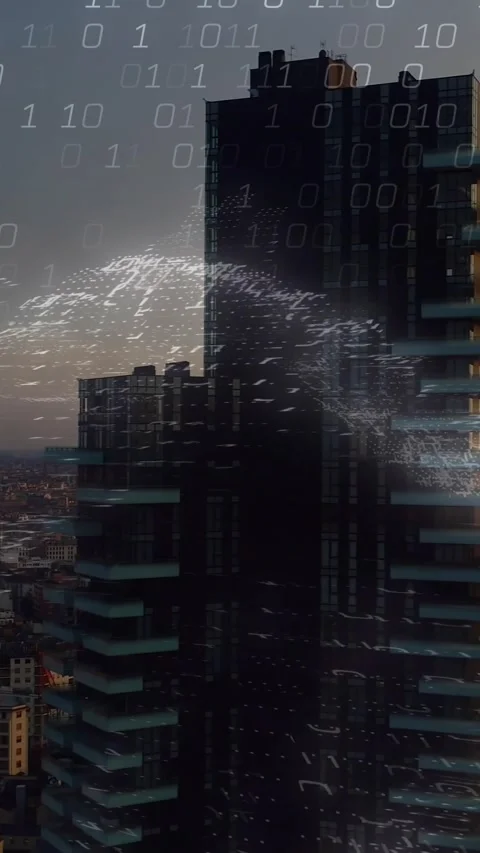 Vertical video: Camera panning right, tower centering, binary wave sweeping dusk Stock Footage 328398124