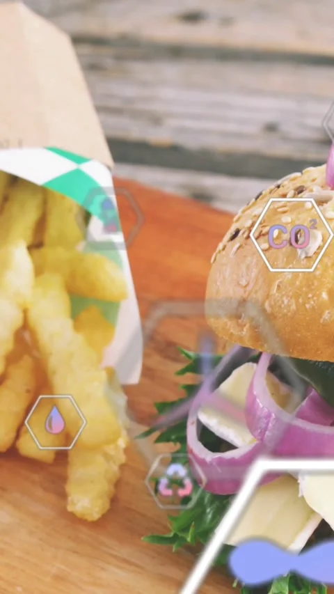 Vertical video: Camera panning right, centering seeded burger and fries, hex Stock Footage 329128476