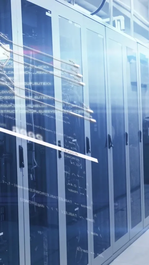 Vertical video: Camera panning right server racks receding while HUD overlay Stock Footage 329962316
