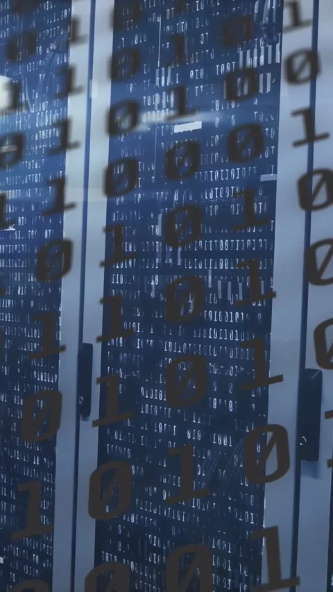 Vertical video: Camera panning right revealing binary overlay sliding over Stock Footage 331337068