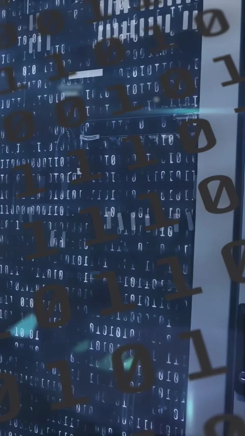 Vertical video: Camera panning right down, revealing rack behind binary decal to Stock Footage 331337069