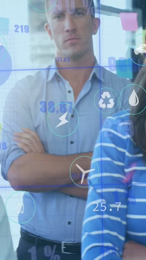 Vertical video: Camera panning right showing woman and team HUD showing CO2 data Stock Footage 332546795