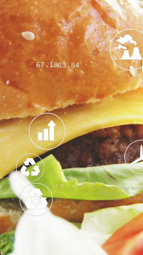 Vertical video: Camera panning right, zooming up, burger sharpening while icons Stock Footage 332823517