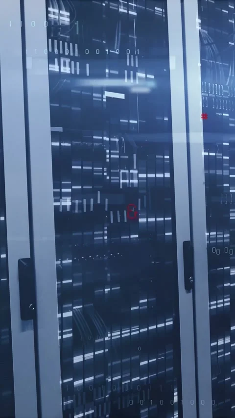 Vertical video: Camera panning up right, code overlays rising on central rack Stock Footage 333006151
