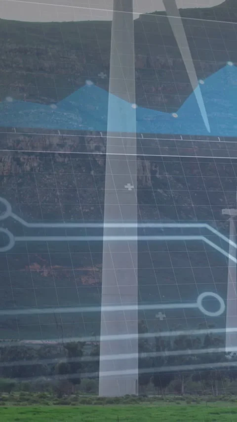 Vertical video: Camera panning right, two turbines rotating as data overlay Stock Footage 333289160