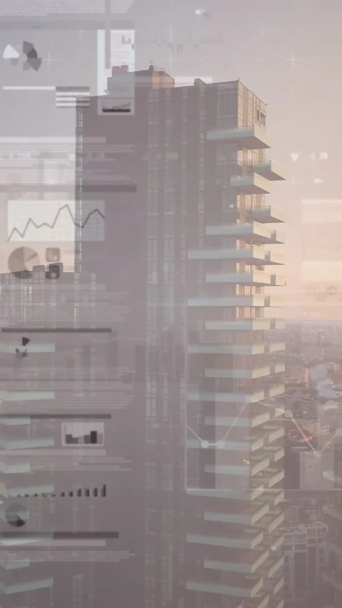 Vertical video: Camera panning right, tower entering, HUD panels shifting, Stock Footage 333821438