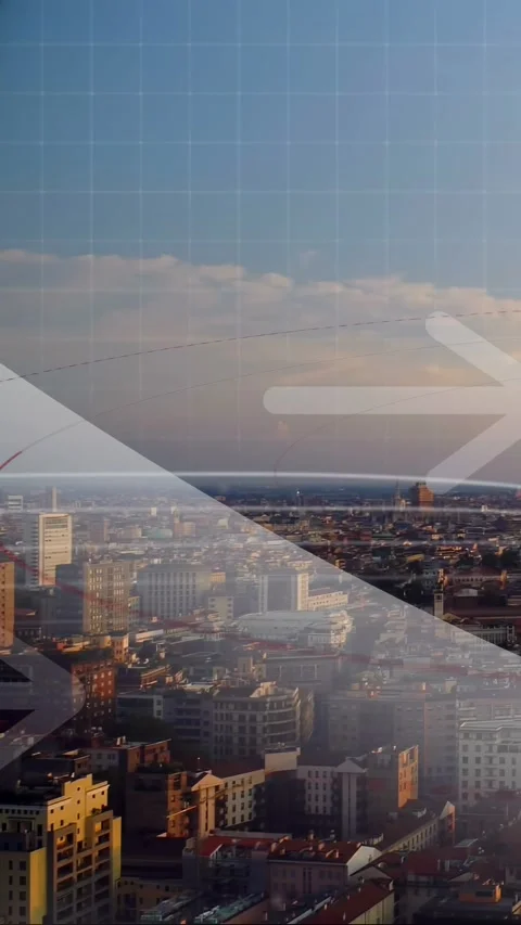 Vertical video: Camera panning right, skyline shifting as triangle overlay Stock Footage 334024790