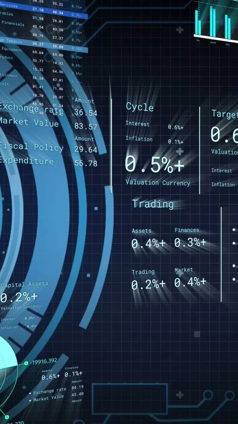 Vertical video: Camera panning right, concentric HUD updating rings gauges bars Stock Footage 334378364