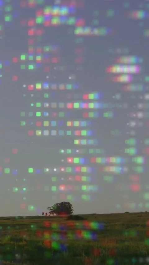 Vertical video: Camera panning right lone tree shifting center pixel grid Stock Footage 334387347
