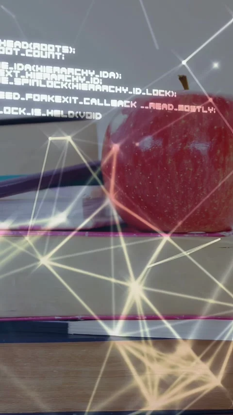 Vertical video: Camera panning right, books pencils apple entering as overlay Stock Footage 334705003