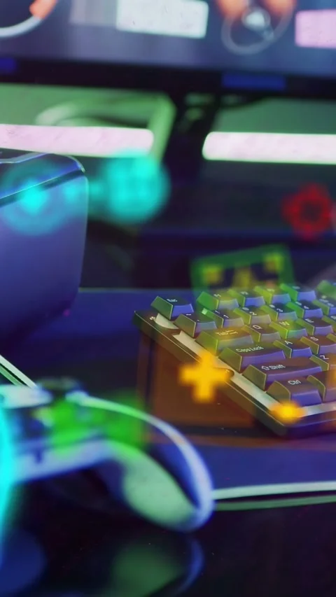 Vertical video: Camera panning right, white controller and keyboard revealing Stock Footage 335507515