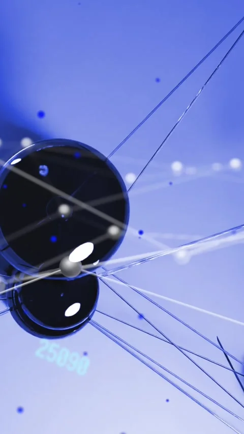 Vertical video: Camera panning showing stacked spheres rotating floating data Stock Footage 329912724