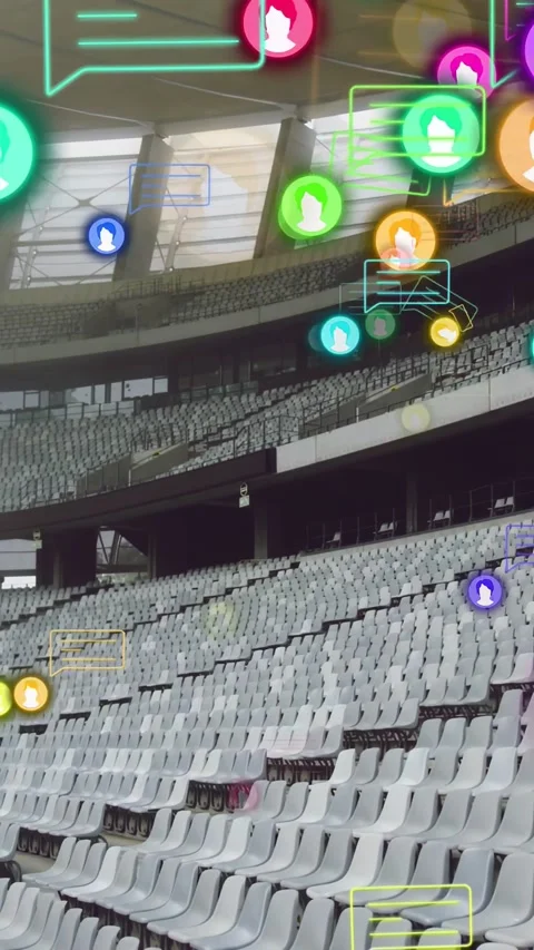 Vertical video: Camera panning showing empty stadium seats, icons spawning, Stock Footage 333304764