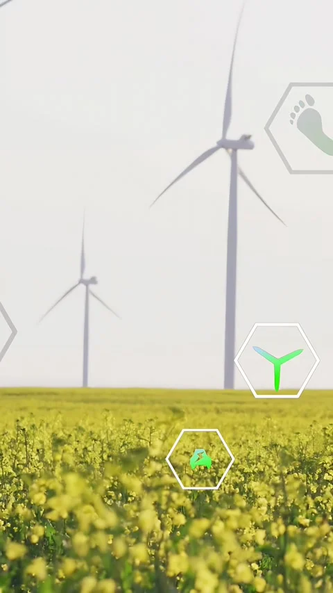 Vertical video: Camera panning, showing turbines rotating as hex icons moving, Stock Footage 334046980