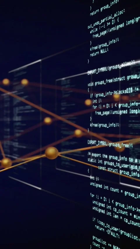 Vertical video: Camera panning starting 3D panels shifting nodes forming trails Stock Footage 328633226