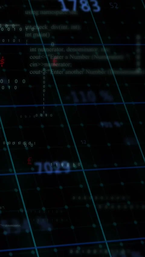 Vertical video: Camera panning starting, numbers pulsing and code scrolling, Stock Footage 329612860