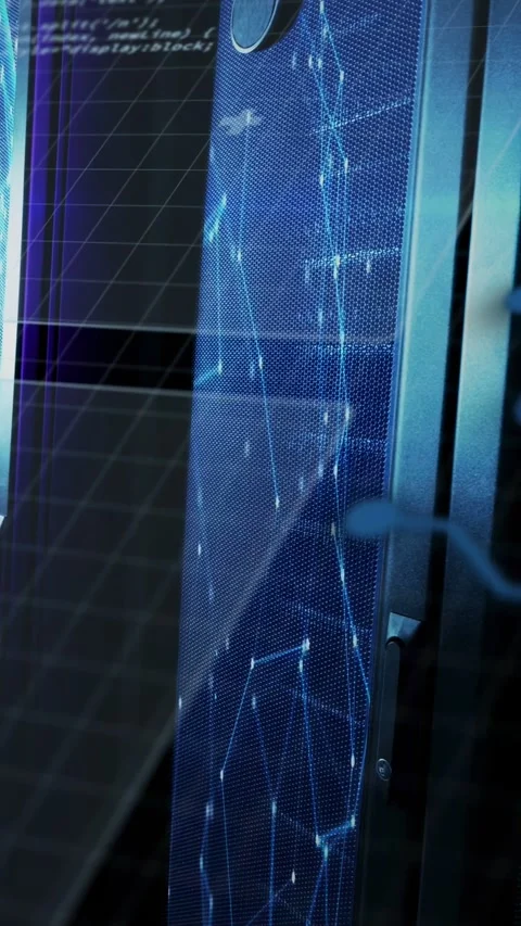 Vertical video: Camera panning, tall blue mesh panel pulsing nodes and showing Stock Footage 332747883